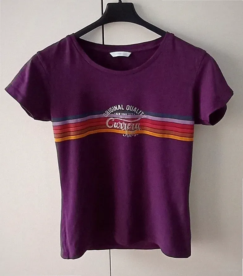 Carrera Vintage 70er Jahre T-Shirt Damen S lila silber Glitzer Grafik Baby Tee sehr guter Zustand