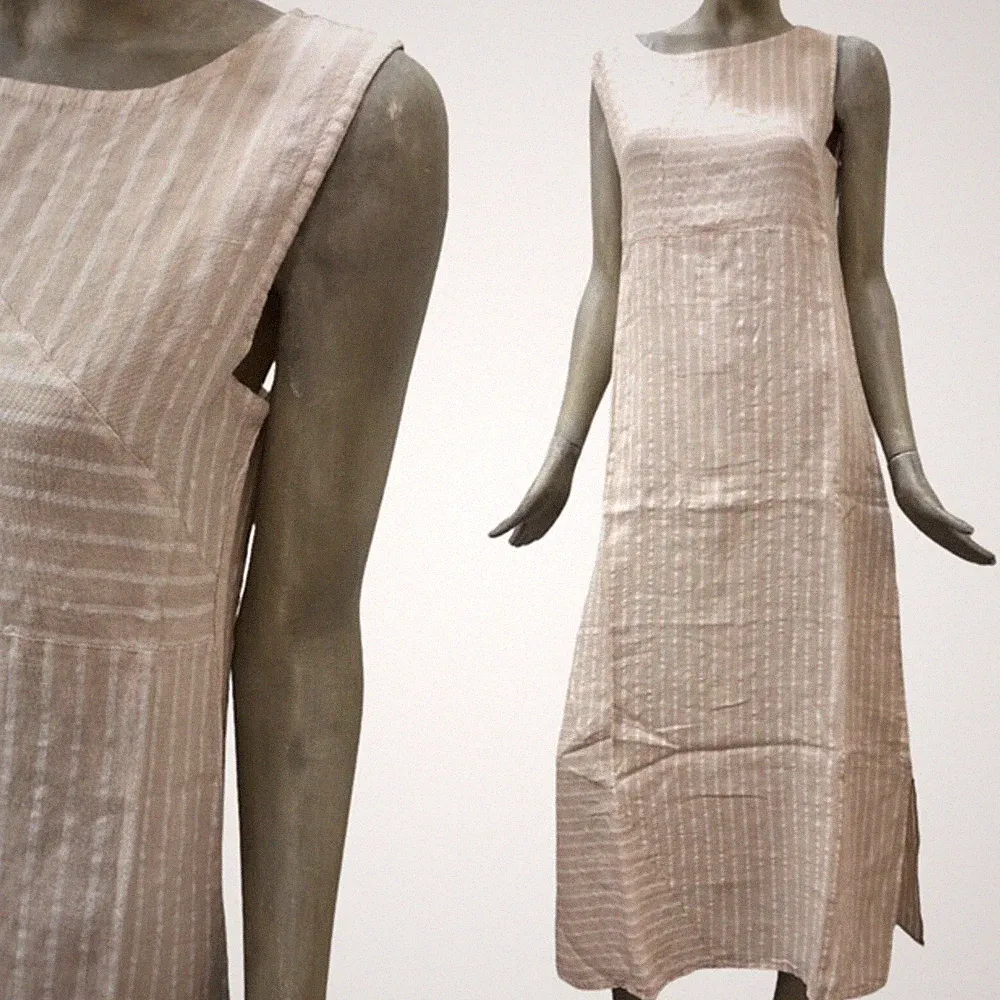 Cashmere Company Damen Langes Kleid Sommerkleid Leinen Beige Ärmellos