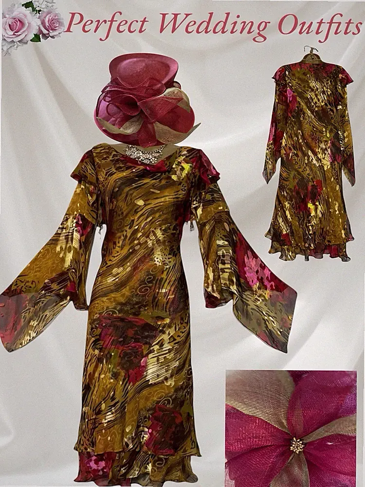 Cattiva Jacques Vert Größe 10 Senf Fuchsia Seide Brautmutter Kleid Hut