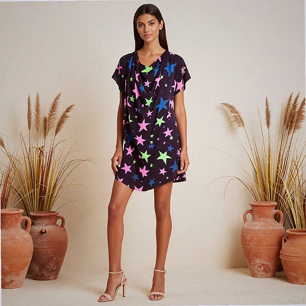 Celestial Extravagant Knielang Kleid Mehrfarbig Sterne Seide Hänger Kurzarm XS