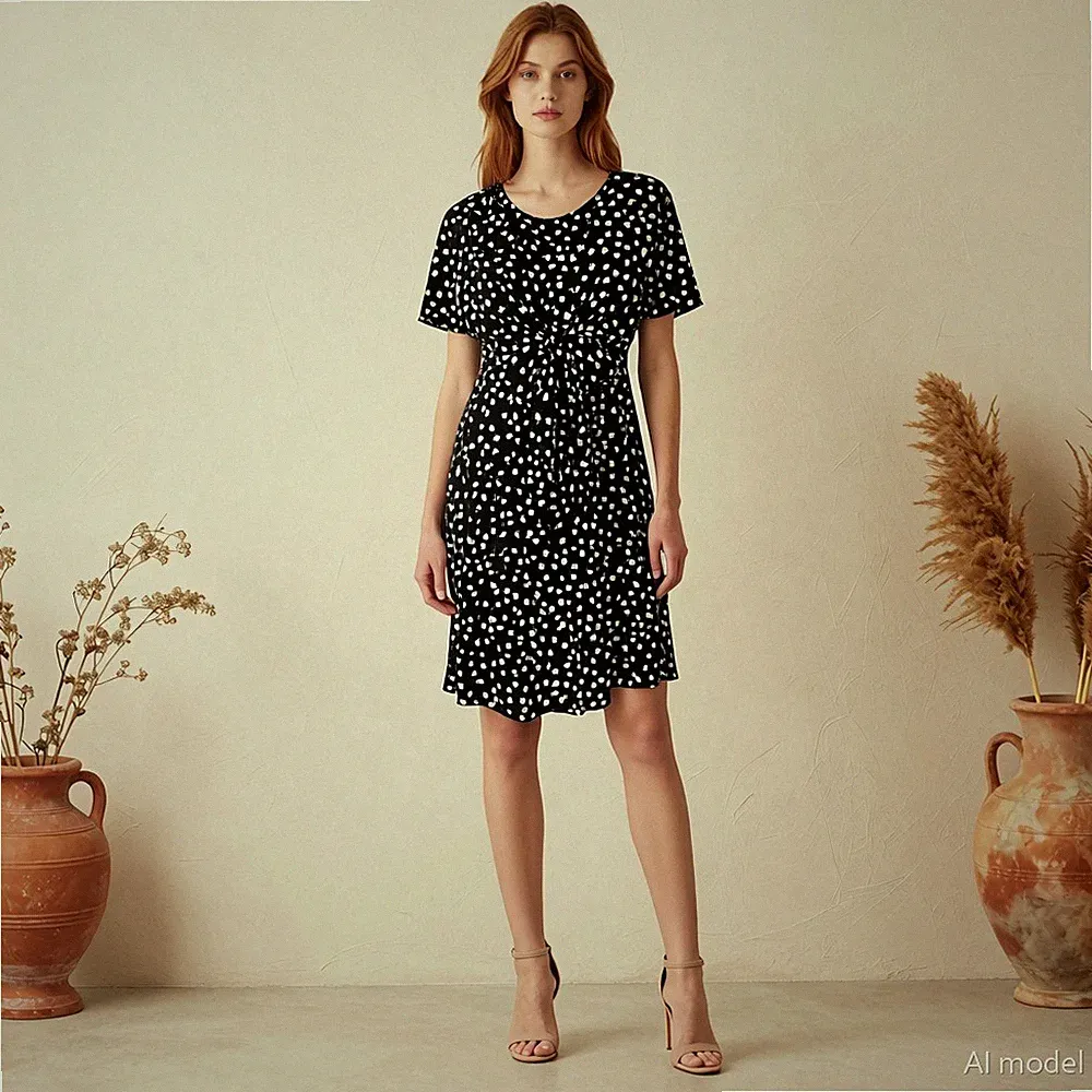 Celestial Knielang Kleid Schwarz Weiß Sterne Viskose Hänger Kurzarm Gr. 42