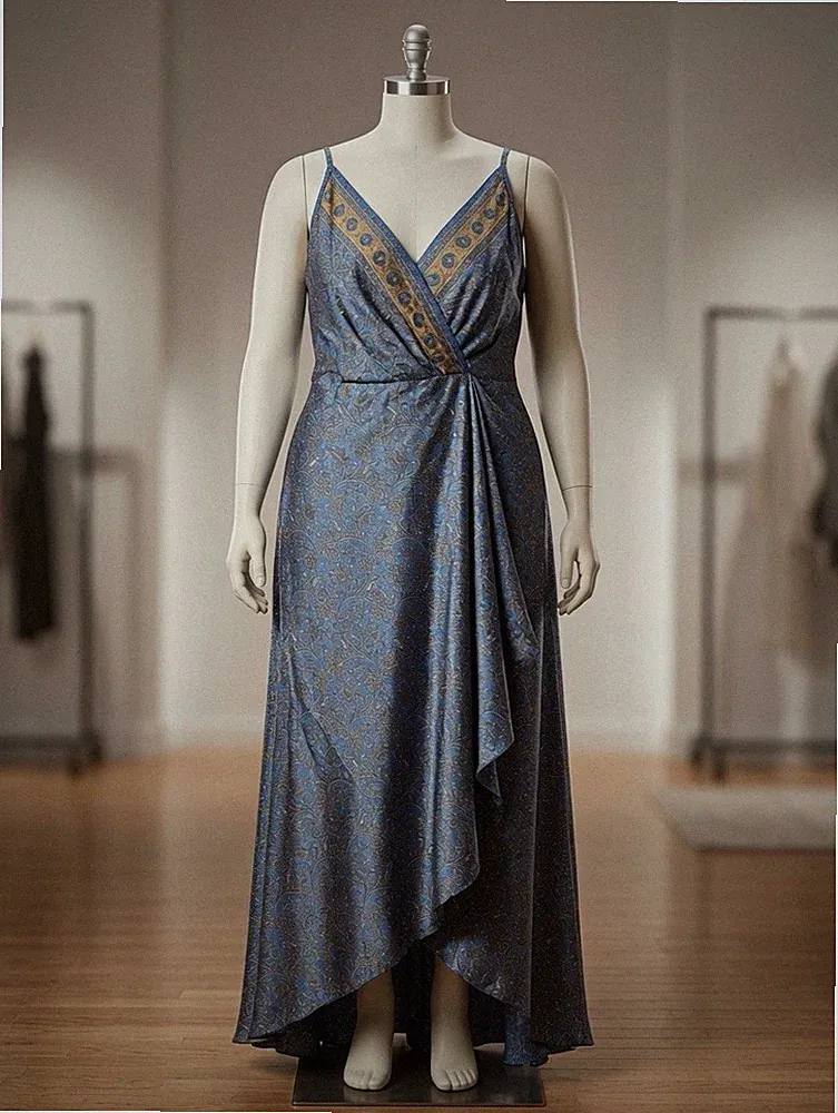 Chai Fashion Silk Dress Maxi 1x Blue Paisley Cocktail Wedding Guest Boho Resort