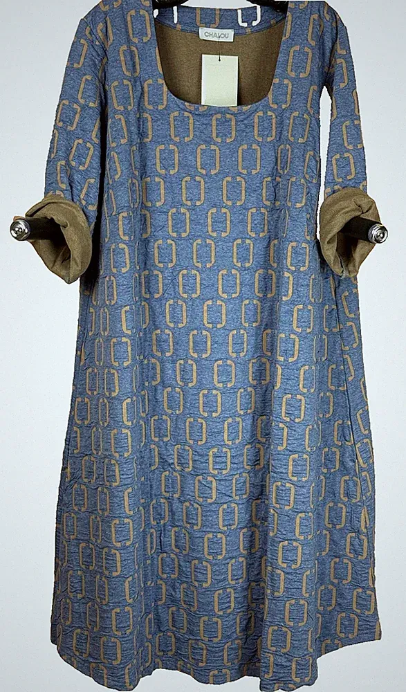 CHALOU edles Kleid Strukturstoff Jeansblau Beige A-Form Gr. 60 NEU