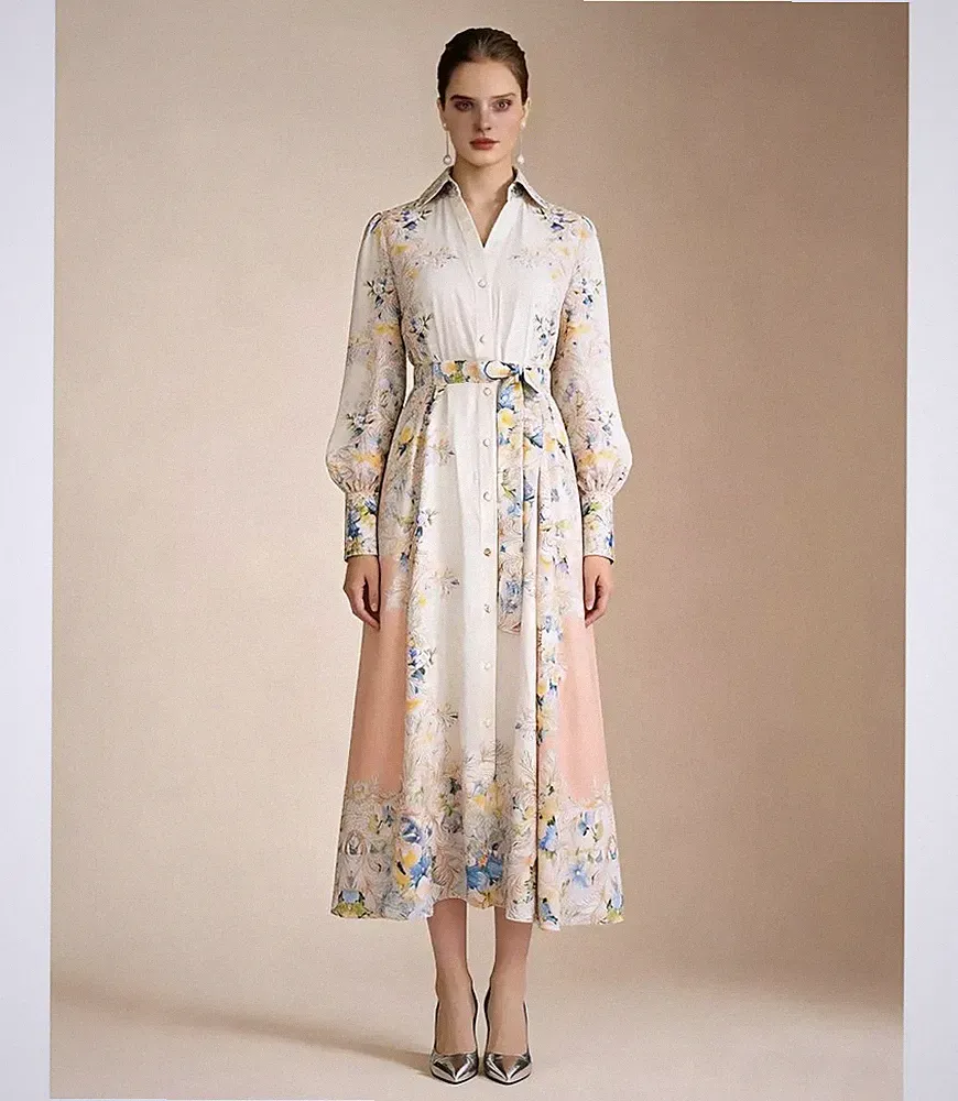 Chamisier Kleid Midi Florales Elegant Elfenbein Hellblau Taille CF69382