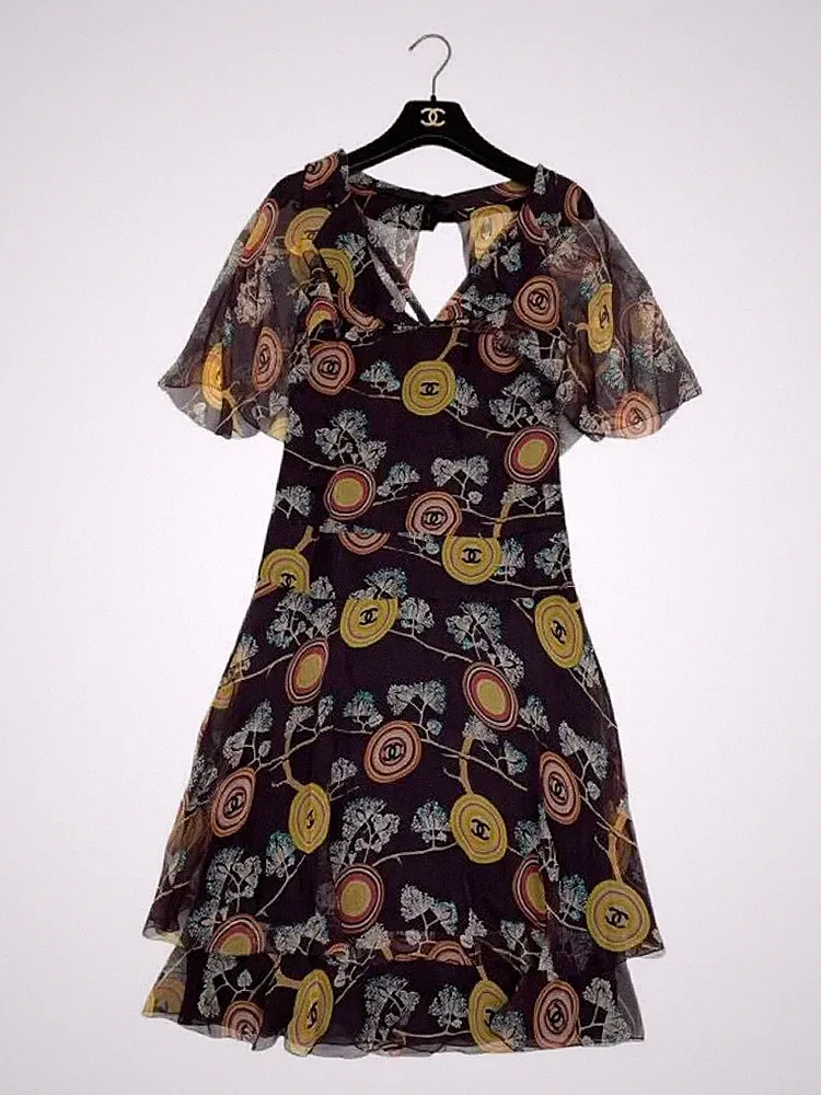 CHANEL 01P CC Mark Logo Dress Short Sleeve 36 Size Body Con Dress One Piece F/S