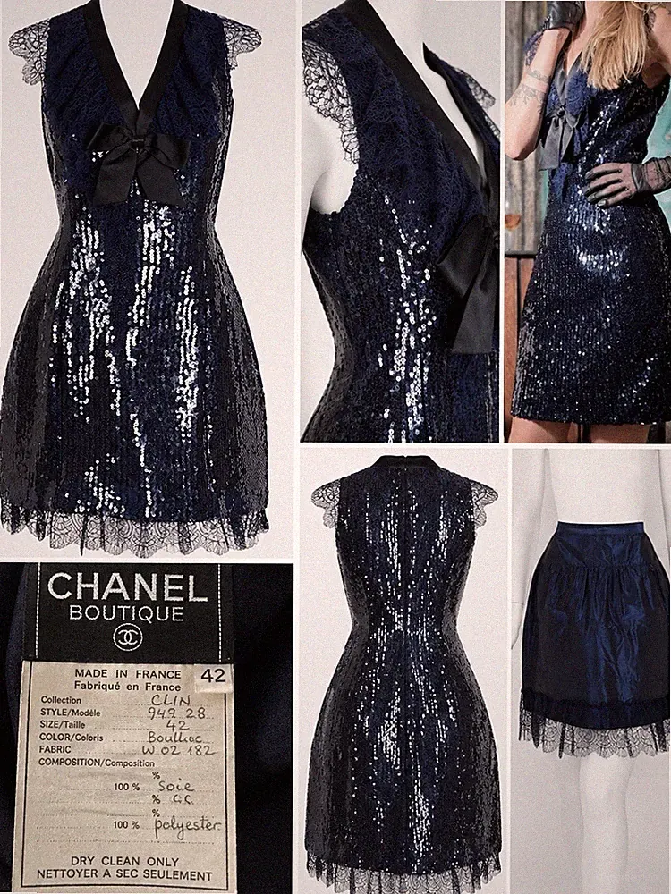 CHANEL Vintage 1994 Damen Kleid Pailletten blau/schwarz Gr. 42