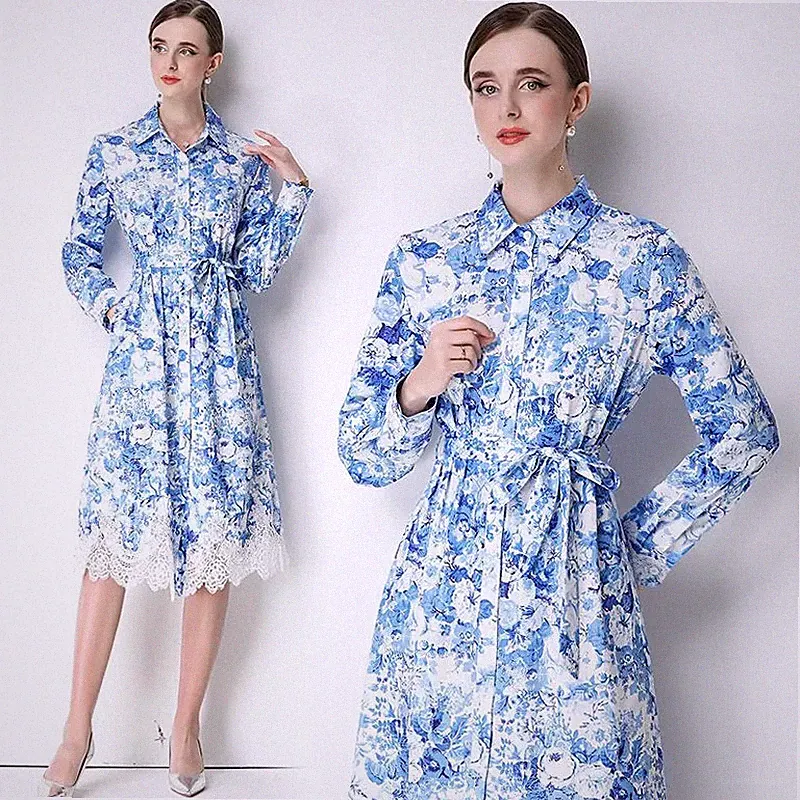 Chemisierkleid Damen Blau Mit Blumenprint Und Paspel In Spitze CF73728