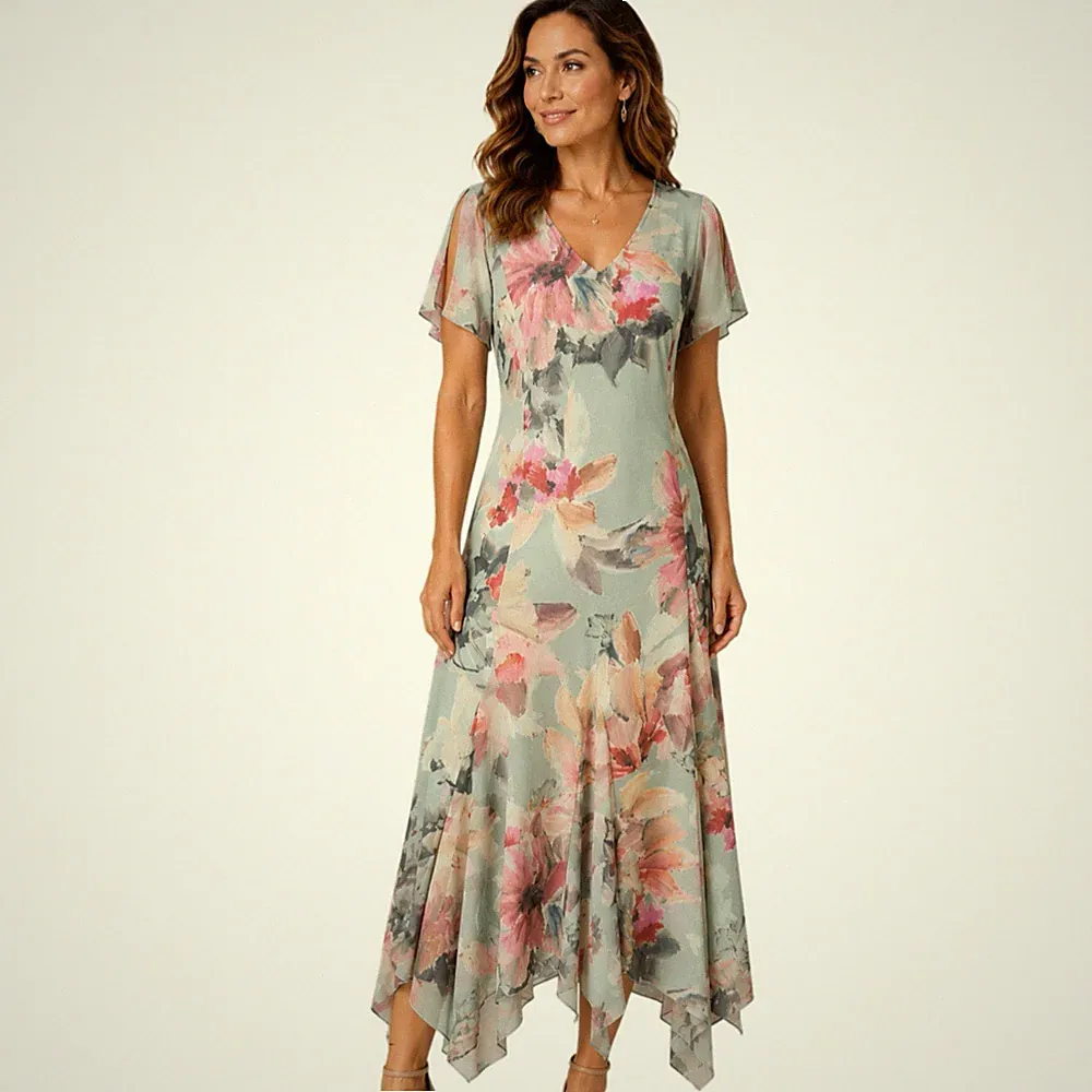 Chesca Midikleid Blumen Godet Saum Gr. 2 UK 16/18 Hochzeit Gast Rennen Kreuzfahrt
