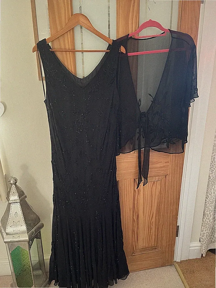 Chesca schwarz Perlen 20er Jahre Gatsby Abend Hochzeit Kreuzfahrt Kleid & Jacke 24