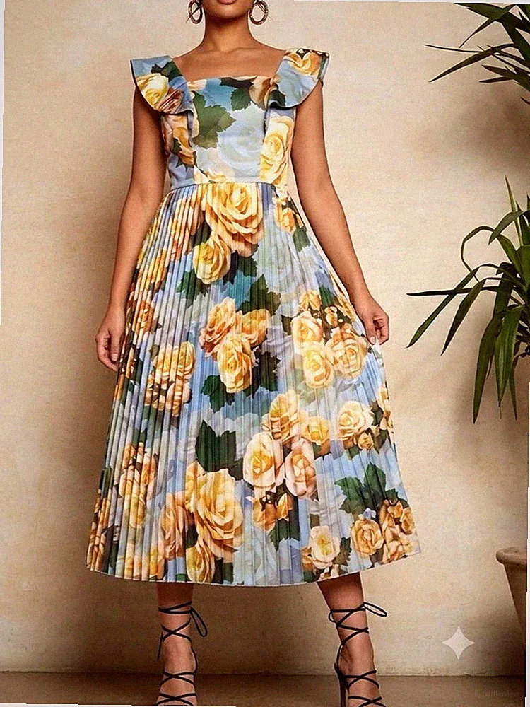 Chi Chi London Blumendruck Rüschen Midikleid Gr. 16 Blau Party Hochzeit Gast