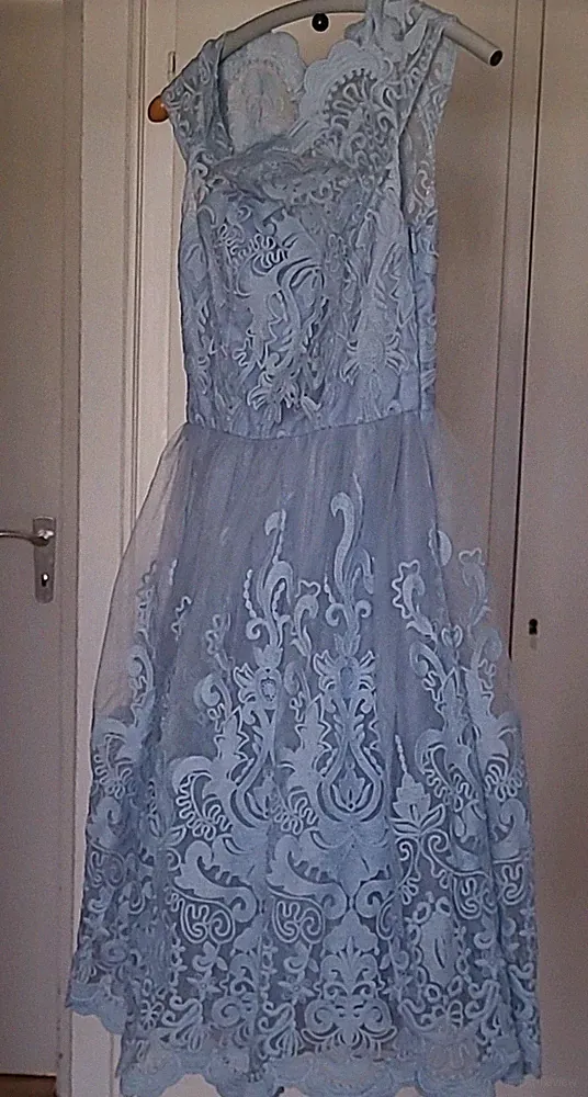 Chi Chi London Damen Kleid Blau Spitze Tüll A-Linie Midi V-Ausschnitt UK 10