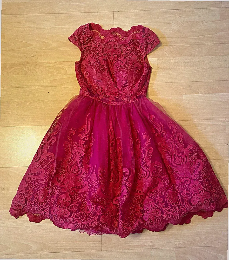 Chi Chi London Damen Kleid Pink Spitze A-Linie knielang UK 10 Kurzarm