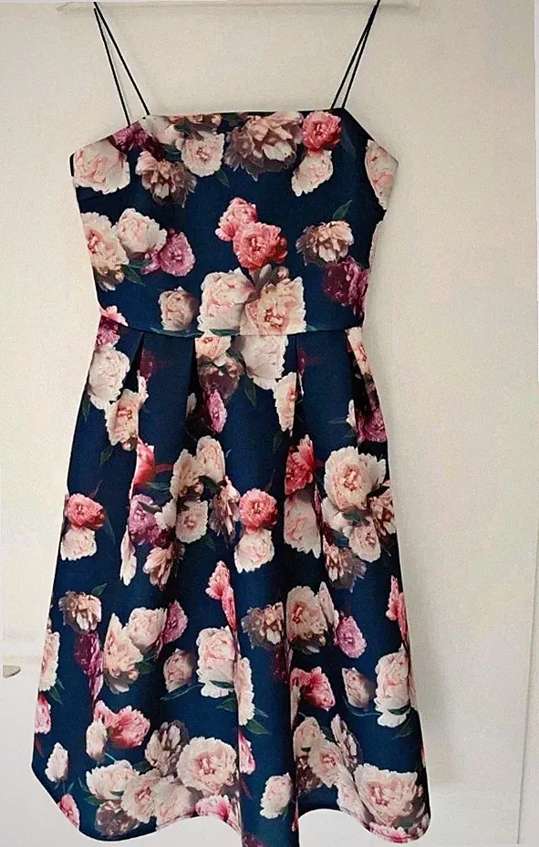 Chi Chi London Damen Midi Kleid Blau Blumen Spaghettiträger A-Linie UK 10