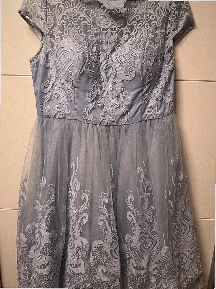 CHI CHI LONDON Damen Spitzenkleid Blau A-Linie Kurzarm Rundhals Gr. 46