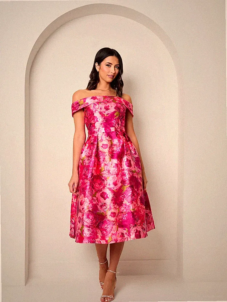 Chi Chi London Größe 12 rosa Bardot Twill Fit Flare Midikleid Hochzeitsgast £85