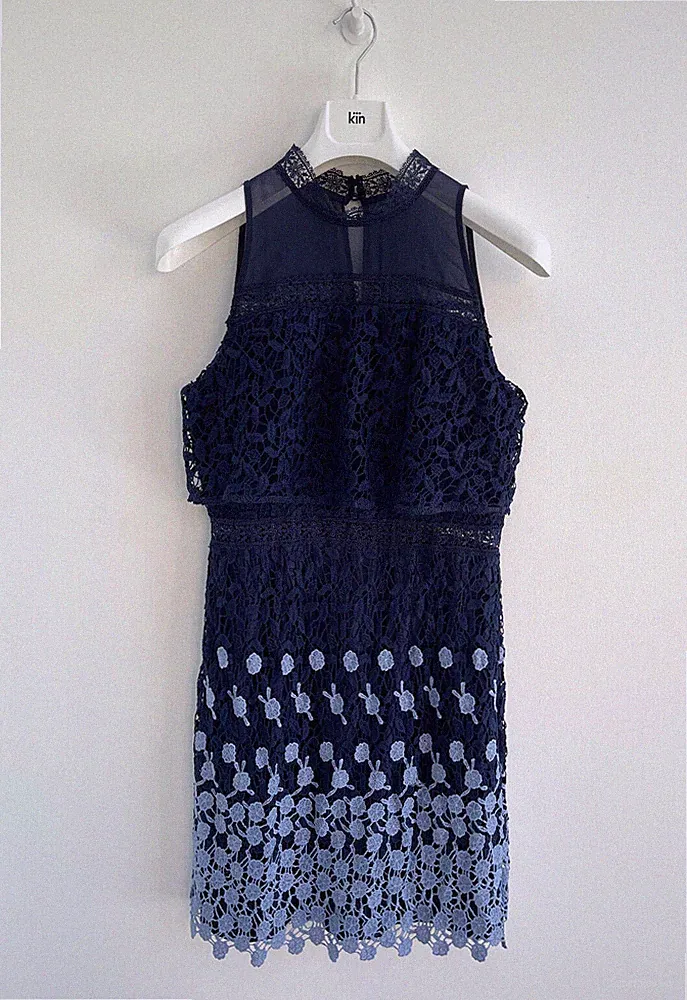Chi Chi London Kleid dunkelblau Etuikleid Spitze Hochzeitsgast UK 12