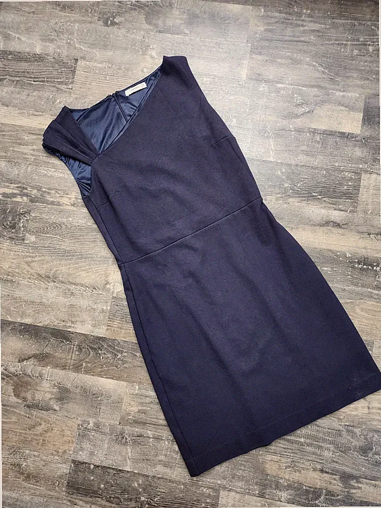 chices MANGO SUIT Etuikleid Kleid Gr. L dunkelblau asymmetrischer Ausschnitt