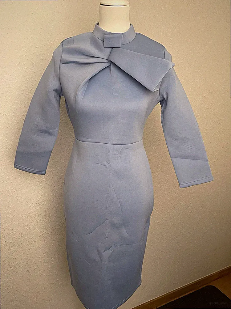 CHICME Damen Etuikleid blau Midi 3/4-Arm Stehkragen Schleife RV Gr. M