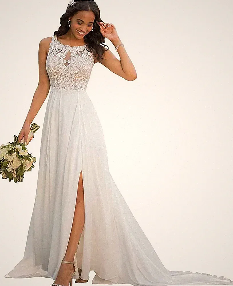 Chiffon A-Linie Strand Brautkleid Boho Spitze Applikation Hochzeitskleid