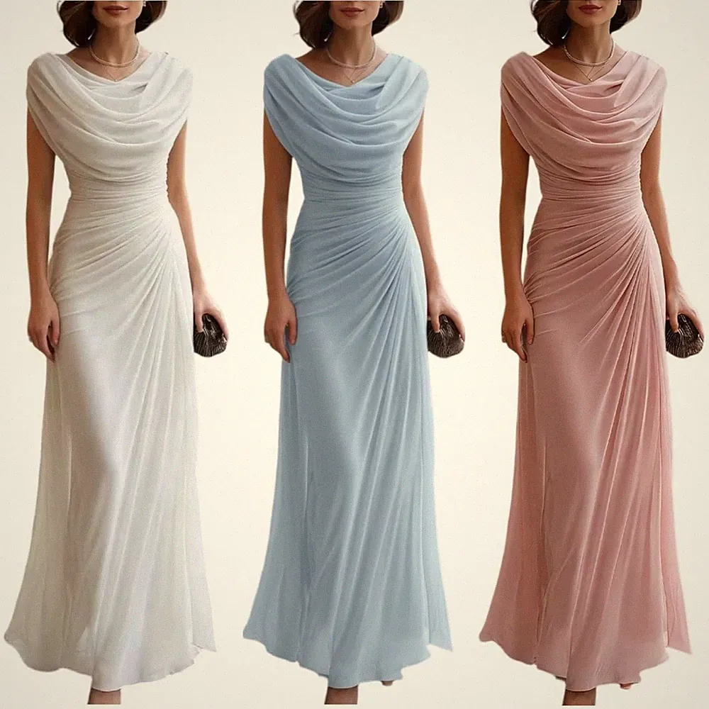 Chiffon Abendkleid Kurzarm drapierter Kragen tailliert für Hochzeitsgäste