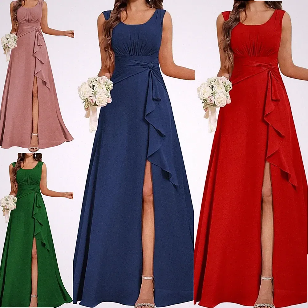 Chiffon-Abschlussballkleider für Damen Rundhalsausschnitt lang Abendkleider