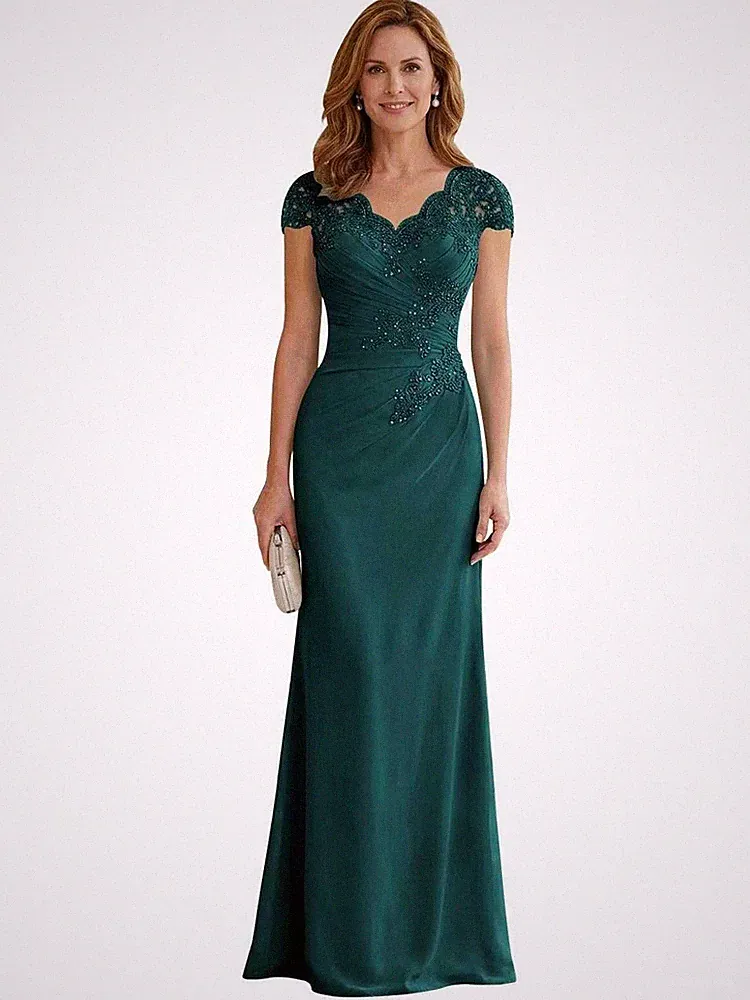 Chiffon Brautmutterkleider Elegant Kurzarm Figurbetont Abendkleid Hochzeit Gast