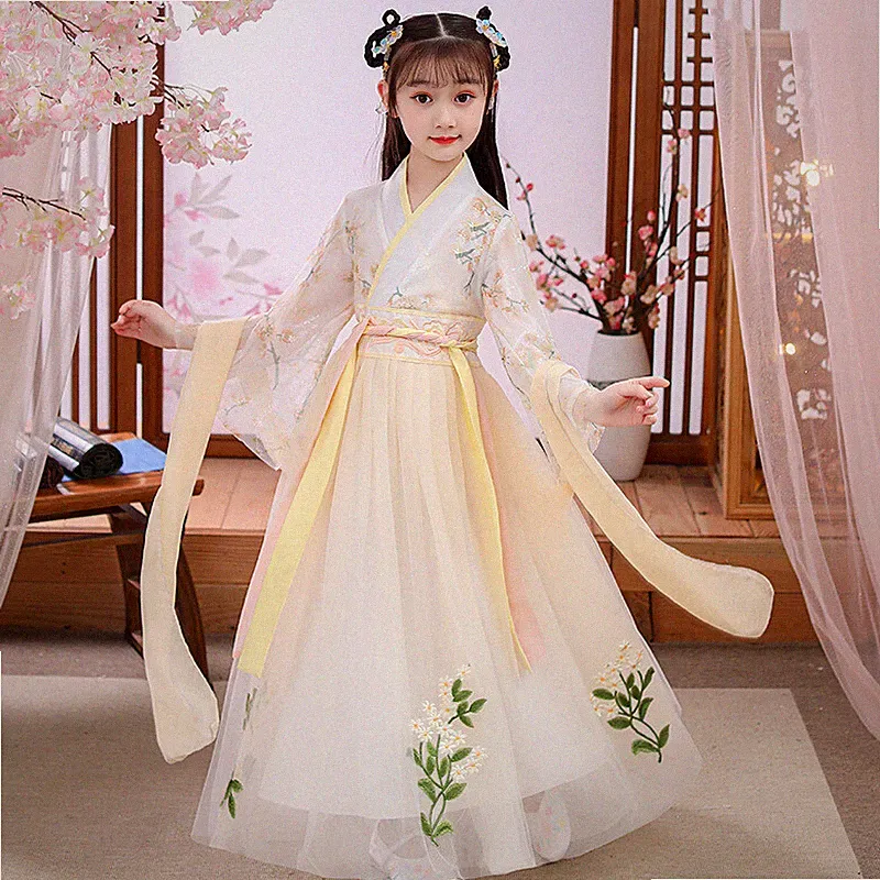 Chinesisch Kinder Mädchen Blumenmuster Kleid Bestickt Hanfu Tang Suit Antike Für
