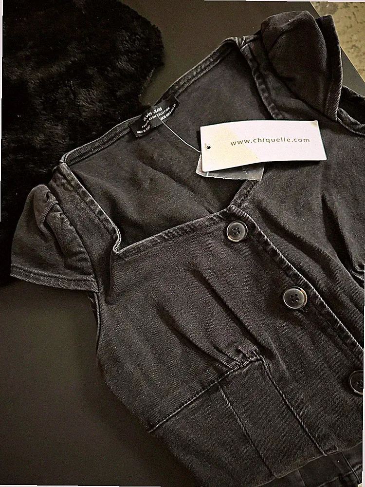 Chiquelle Denim Etuikleid Schwarz Kurz 36 S Knopfleiste Puffärmel