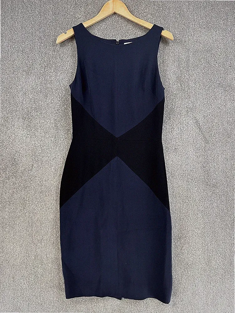 Christian Dior Kleid Damen Größe UK 10 Marine Seide Ärmellos Knielang Formell