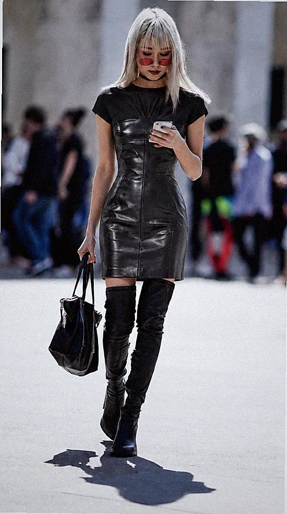Christian Dior Lammfell Leder Rüschen Top Seide Schwarz Etuikleid IT40