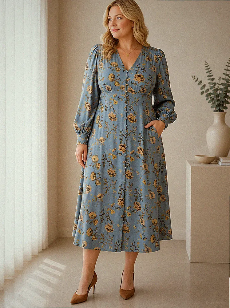 Christina Hendricks Joanie Kleid Gr. UK 14 Blau Blumen Midi Hochzeitsgast