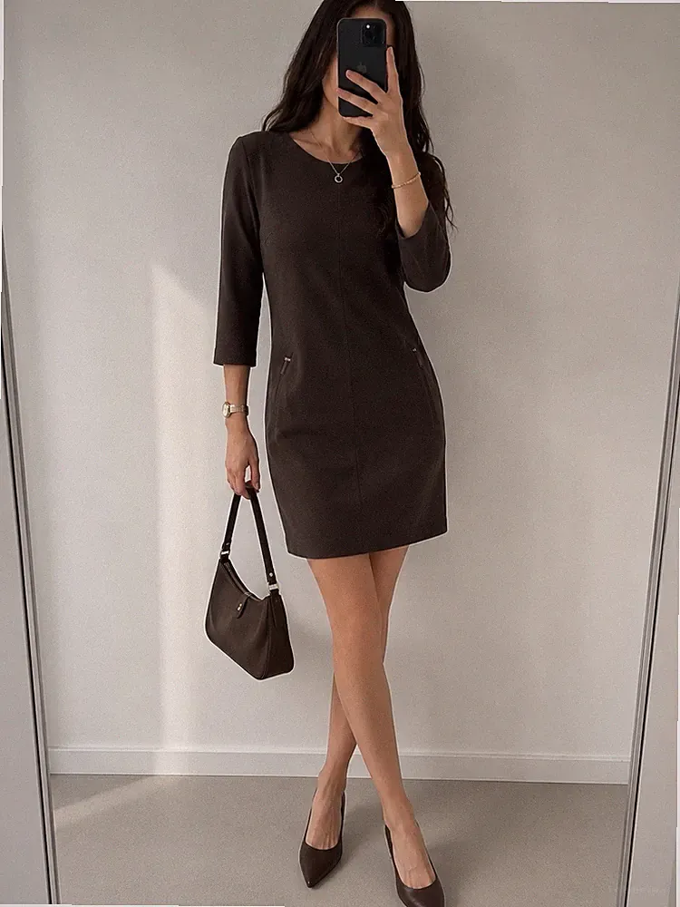 Cinque Damen Kleid Etuikleid Gr. 36 Modell Cieto braun Taschen Wildlederoptik