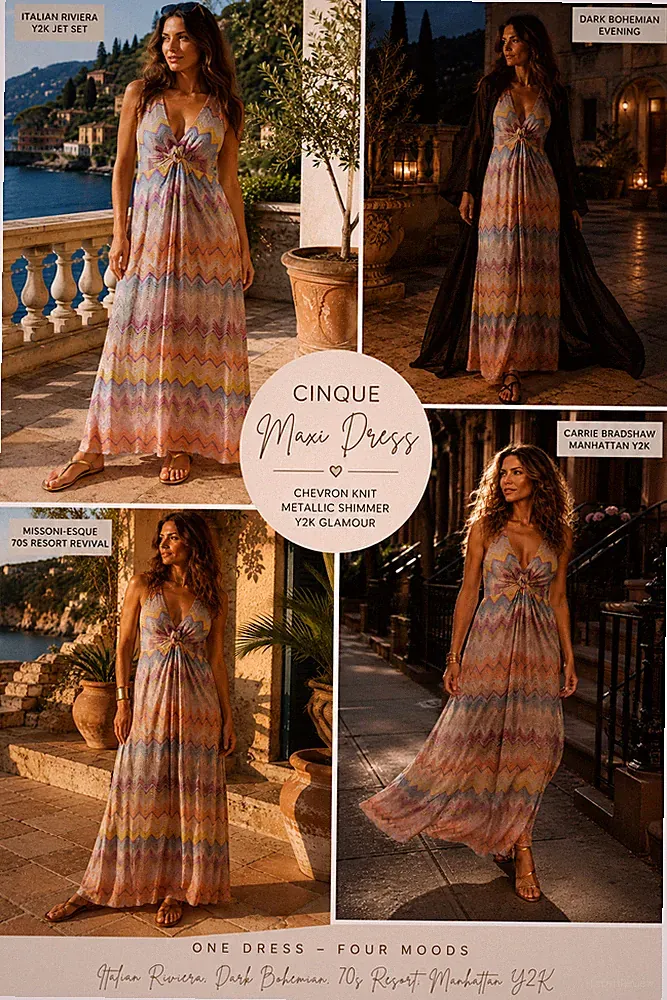 CINQUE Maxi Kleid Viskose Chevron Metallic Y2K Boho Empire Abendkleid Gr. 42/44