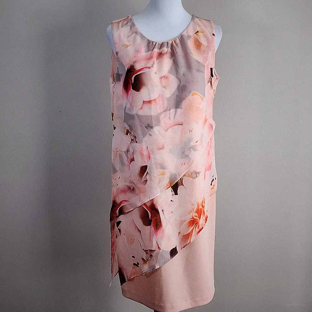 Cleo Floral Overlay Dress Womens 8 Petite Pink Sleeveless Wedding Guest Event