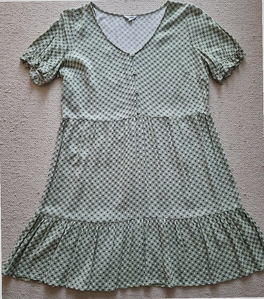 Clockhouse C&A CundA 100 Viskose Sommer Kleid Gr 44 hell dunkel grün weiß Herzen