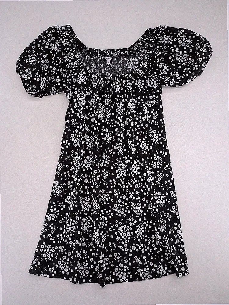 Clockhouse Damen Kleid XS schwarz weiß Blumen gesmokt Puffärmel Mini A-Linie