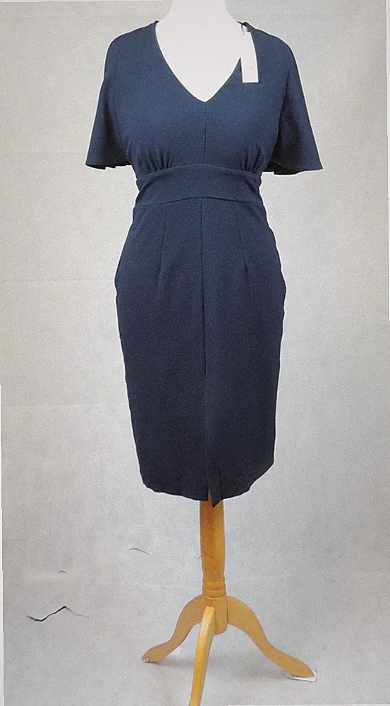 Closet Marineblau Etuikleid Kurz Schlitz Rüschenärmel Größe 12 UK CR016 AA 15
