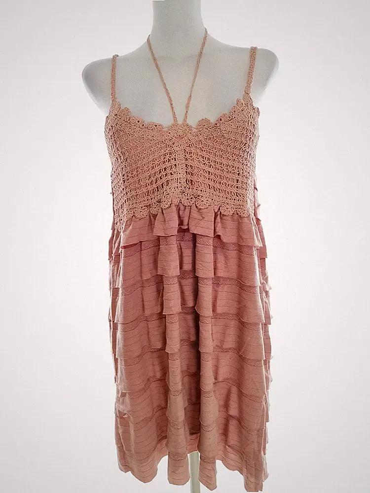 CLUB L Damen A-Linien-Kleid Gr. S Rosa Baumwolle Ärmellos Rüsche Knielang
