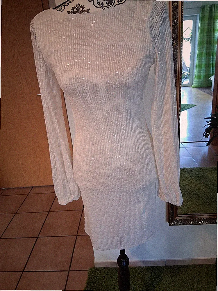 Club L London Damen Etuikleid Weiß Kurz Langarm Pailletten Cut-Out UK12 US8