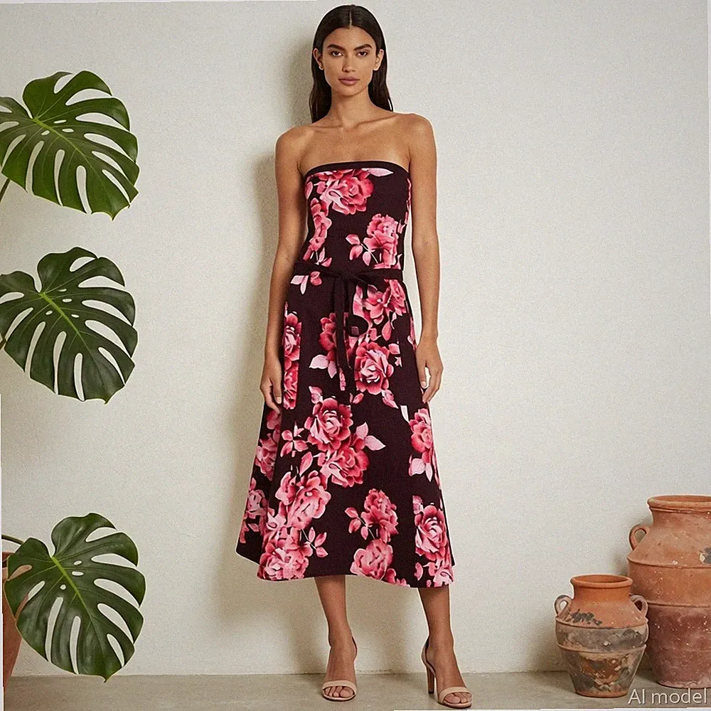 Coast Abend Boho Knielang Kleid Braun Rosa Blumen A-Linie Trägerlos Gr. 42