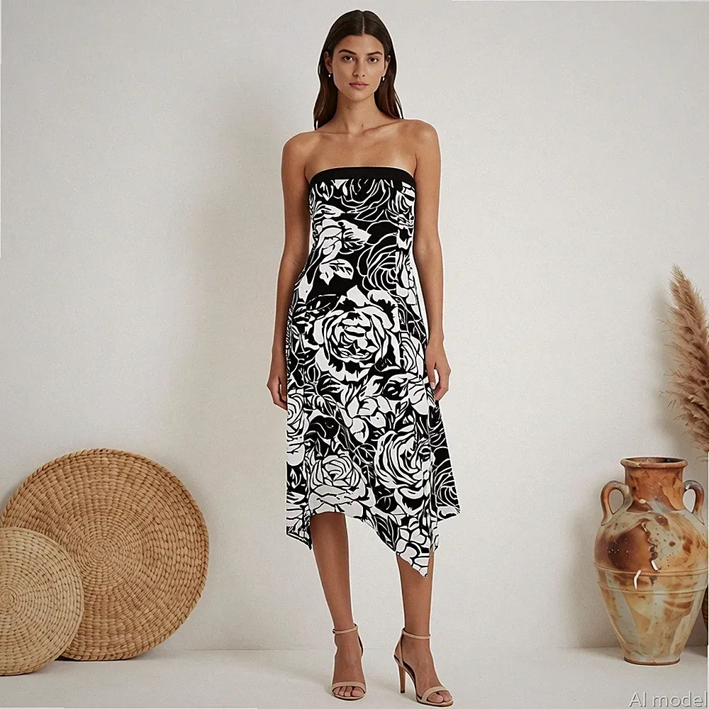 Coast Abend Cocktail Knielang Kleid Schwarz Weiß Blumen A-Linie Ärmellos Gr. 40