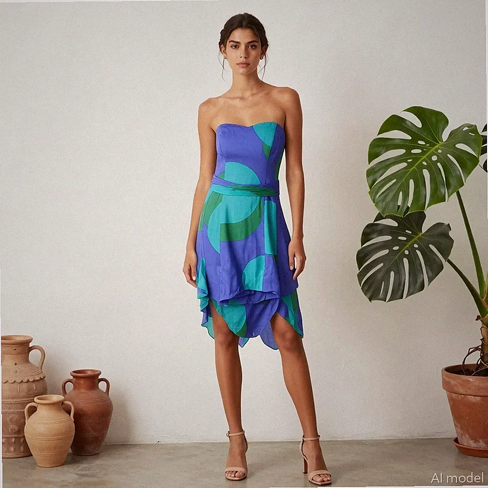 Coast Abend Retro Mini Kleid Blau Grün Geometrisch Seidenmischung A-Linie Gr. 40