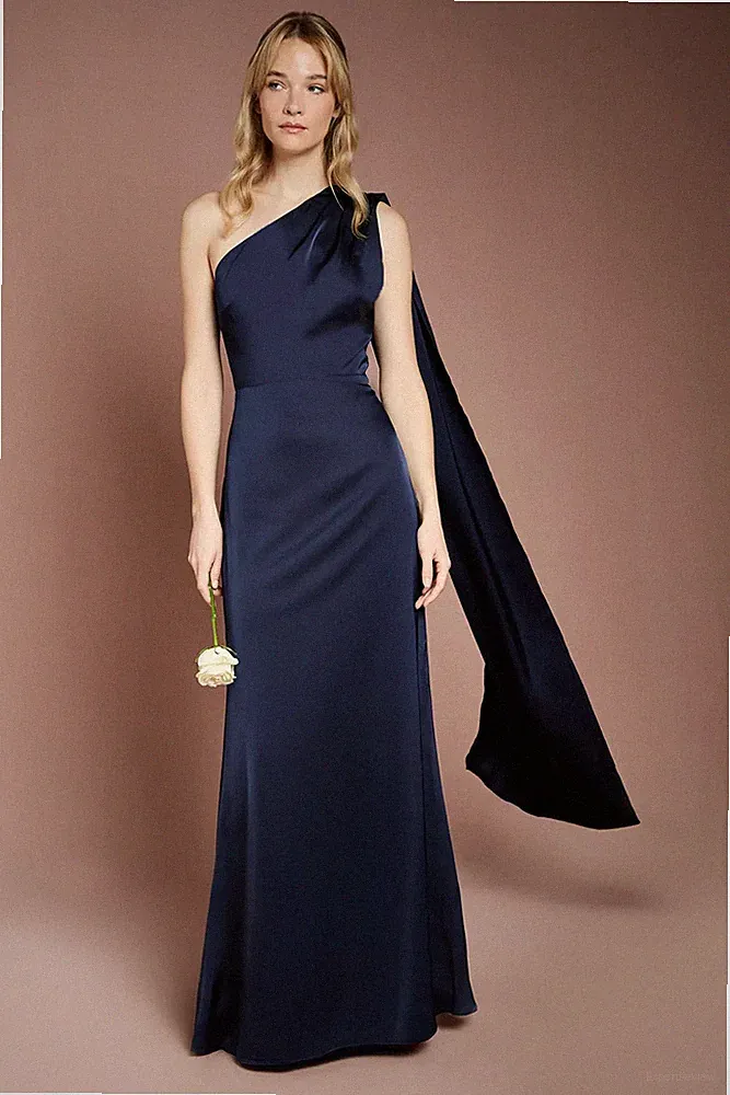 Coast Damen A-Linie Maxikleid Navy Satin Asymmetrischer Ausschnitt Cape Detail