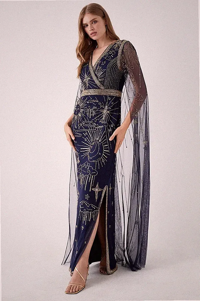 Coast Damen Cocktailkleid Navy Navy Gold Verziert Cape Rücken Langarm