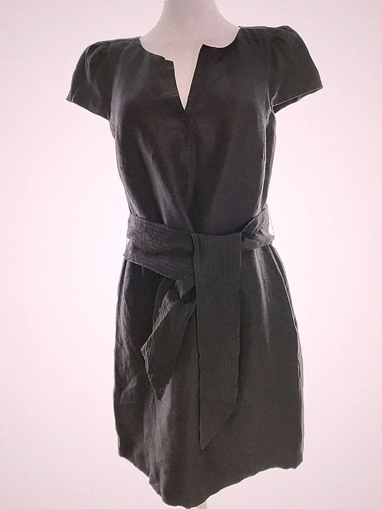 COAST Damen Kleid Gr. 40 Schwarz Leinen Kurzer Ärmel Knielang Geteilter