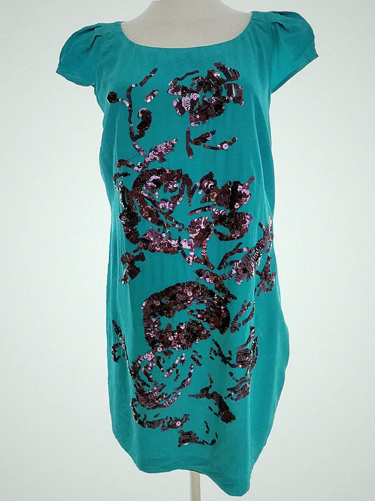COAST Damen Kleid Gr. 42 Blau Seide 100% Kurzer Ärmel Pailletten Knielang Runder