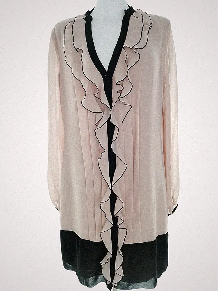 COAST Damen Kleid Gr. 42 Puderrosa Langer Ärmel Rüsche Knielang V-Ausschnitt