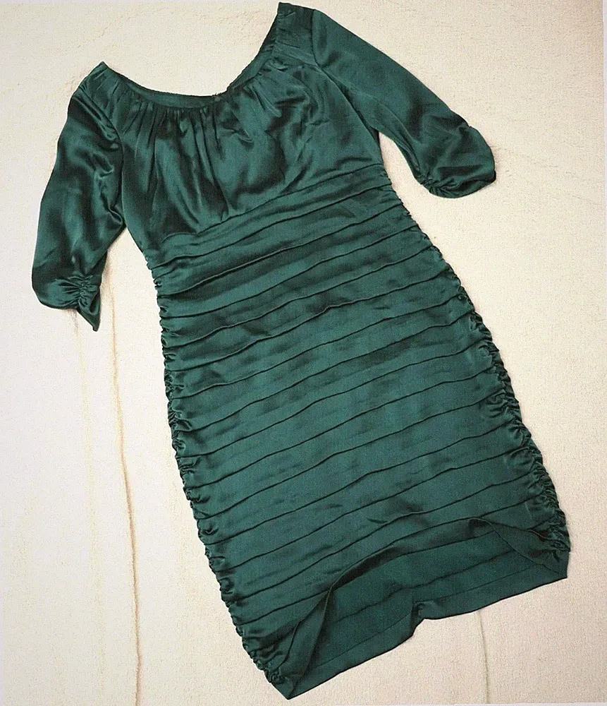 Coast Etui Tea Dress Halb Arm Falten Stretch Satin Kleid Dunkel Grün Uk 12 M 38