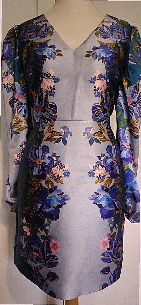 Coast Kleid Gr. 12 blau Blumen Party marineblau Ärmel Hochzeit Gast Satin türkis