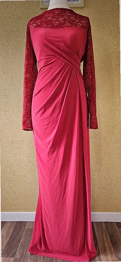 COAST Kleid Gr. 14 rot Spitze Maxi Abschlussball lang Party Hochzeit Gast Abend Ärmel